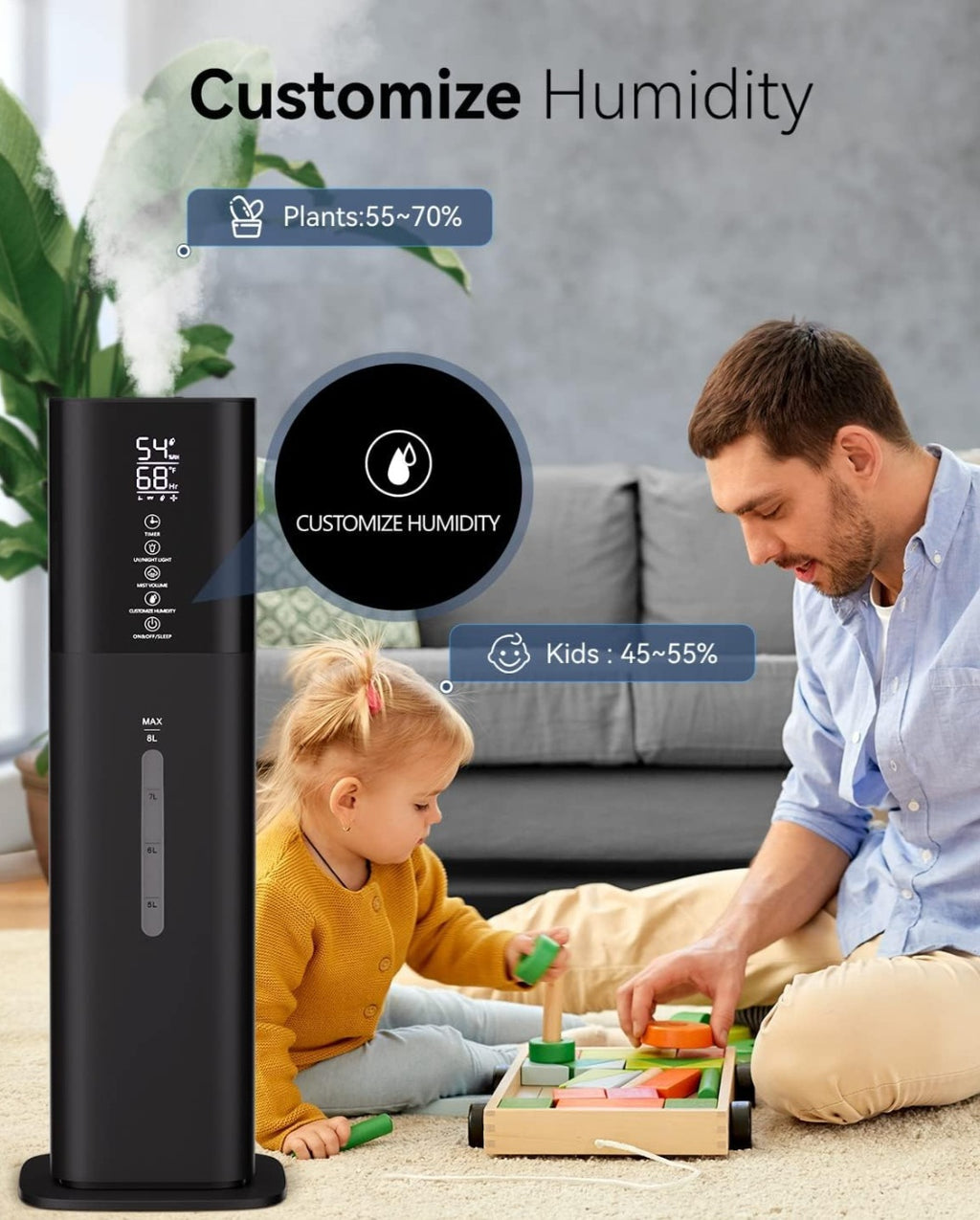 Humidifiers Large Room Bedroom with 7 Colors Light, 2.1Gal(8L) 3 Speed Quiet Ultrasonic Cool Mist Humidifier with 360° Nozzle, Humidity Setting, Timer,Aroma Box for Home Plant Baby Yoga Sleep (Black)