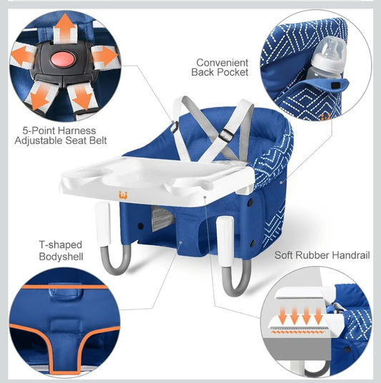 MTWML Hook On High Chair with Tray,Portable Baby High Chair That Attaches to Table,Clip On Fast Table Seat for Babies and Toddlers.Baby Feeding Seat for Dining Tables and Counter(Stripe-Blue)