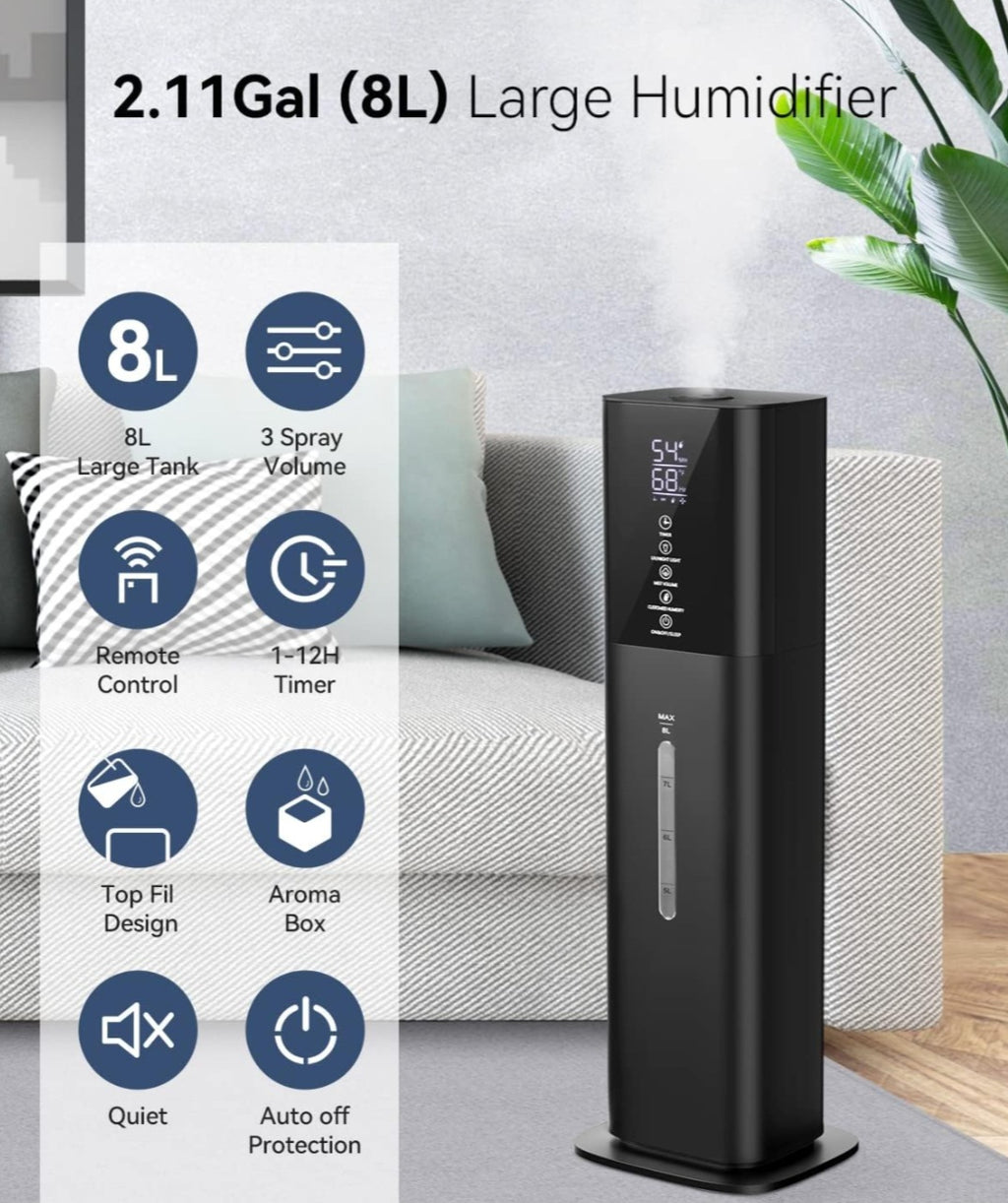 Humidifiers Large Room Bedroom with 7 Colors Light, 2.1Gal(8L) 3 Speed Quiet Ultrasonic Cool Mist Humidifier with 360° Nozzle, Humidity Setting, Timer,Aroma Box for Home Plant Baby Yoga Sleep (Black)