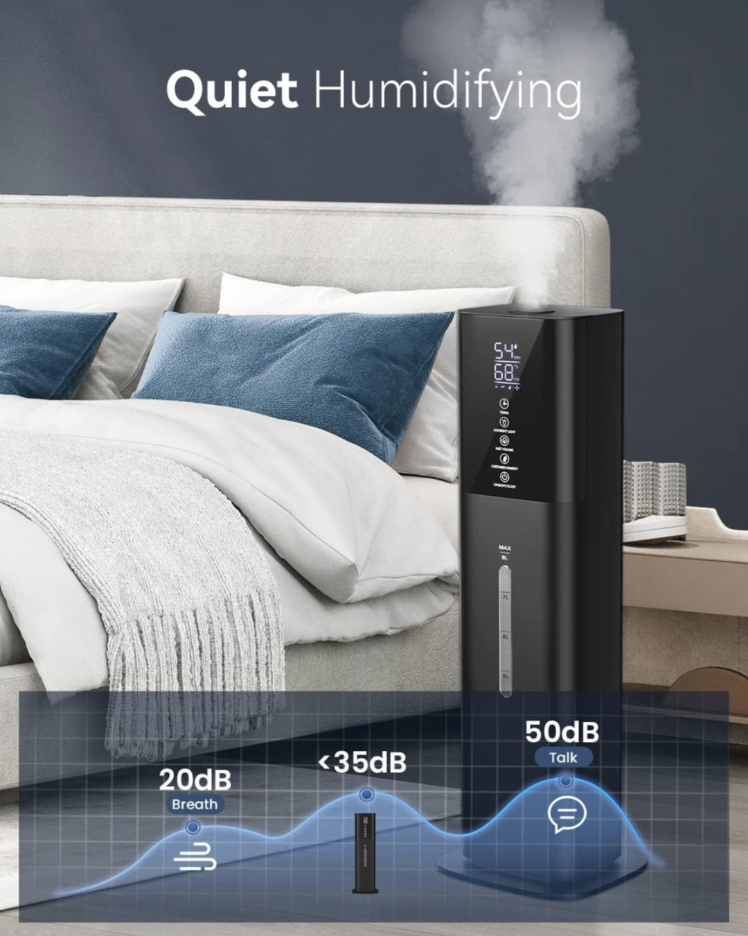 Humidifiers Large Room Bedroom with 7 Colors Light, 2.1Gal(8L) 3 Speed Quiet Ultrasonic Cool Mist Humidifier with 360° Nozzle, Humidity Setting, Timer,Aroma Box for Home Plant Baby Yoga Sleep (Black)