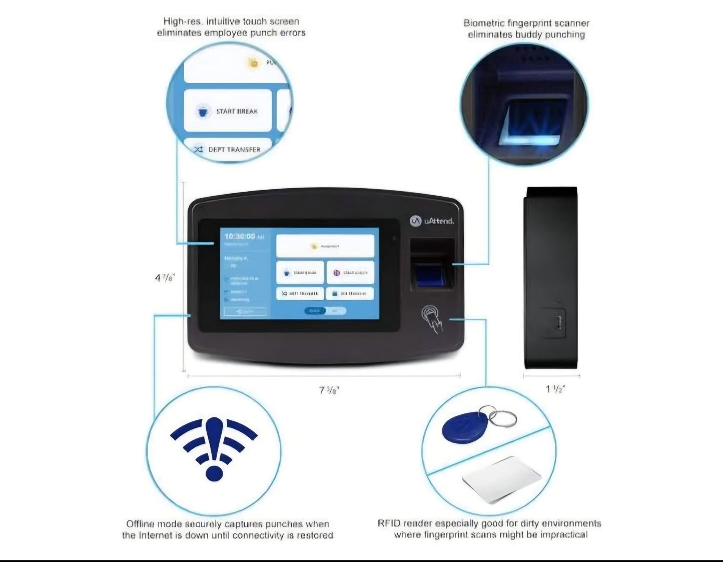 uAttend JR2000 Biometric Fingerprint, RFID, PIN Time Clock for Small Business – Cloud-Based Attendance System with Optional Payroll Integration – All-in-One System